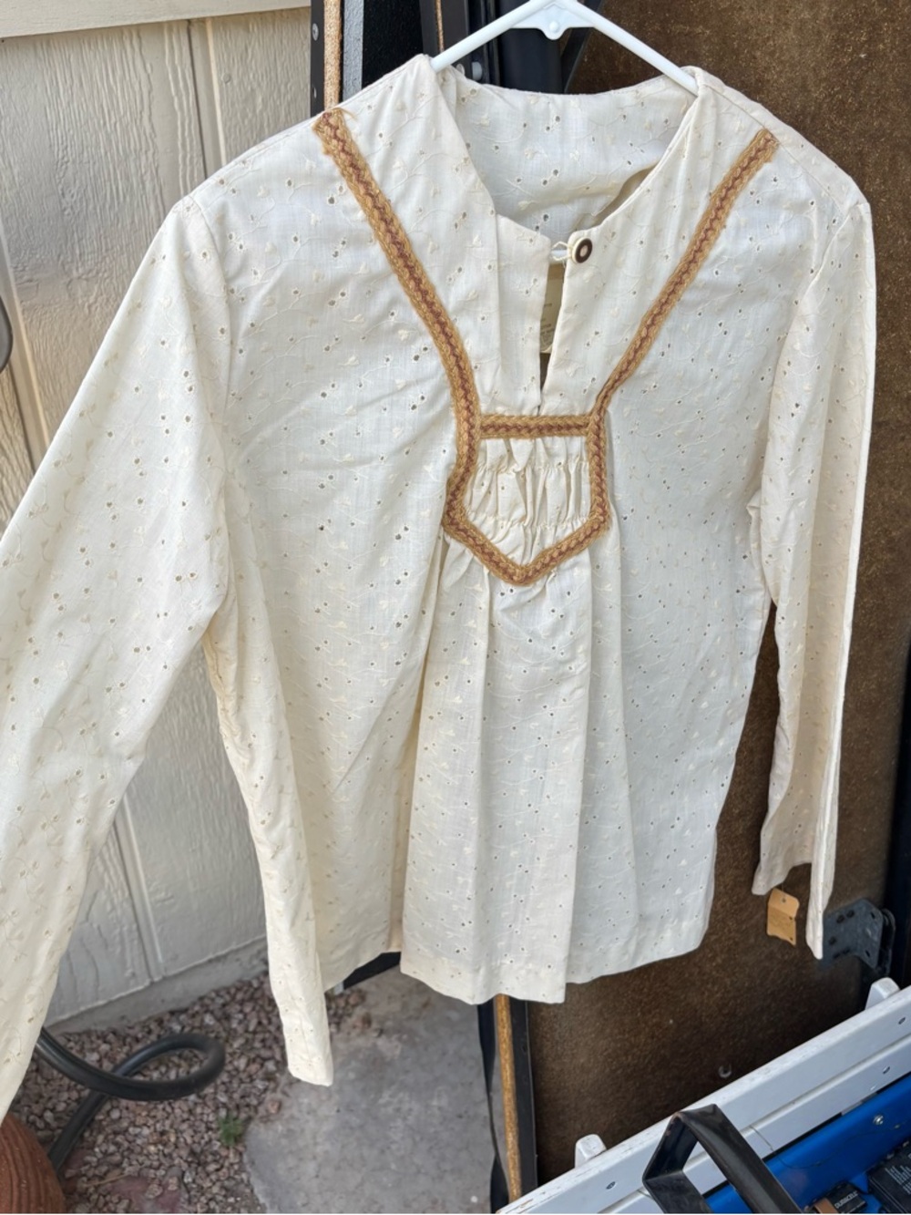 Vintage Cream Eyelet Peasant Blouse with Tan Trim